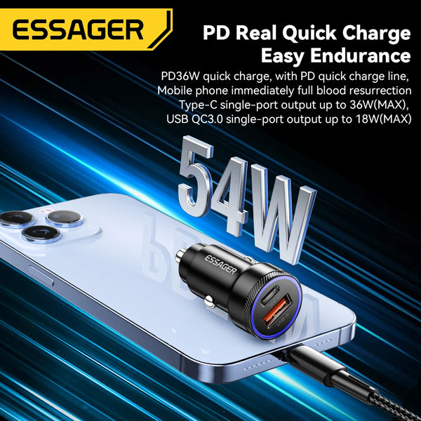 ឆ្នាំងសាករថយន្ត Essager 54W USB 5A សាកលឿន 3.0 QC PD 3.0 SCP AFC 30W USB ប្រភេទ C សាកលឿនសម្រាប់ iPhone Huawei Samsung Xiaomi