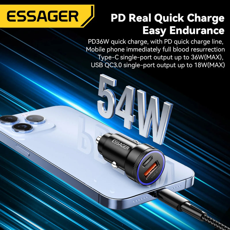 ឆ្នាំងសាករថយន្ត Essager 54W USB 5A សាកលឿន 3.0 QC PD 3.0 SCP AFC 30W USB ប្រភេទ C សាកលឿនសម្រាប់ iPhone Huawei Samsung Xiaomi
