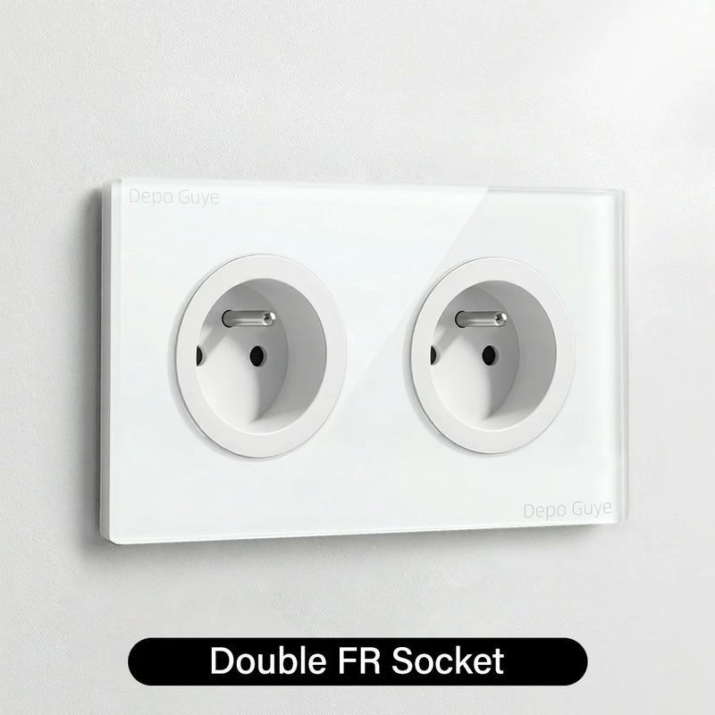 Wall Toggle Light Switch EU FR Standard White Glass Panel European Power Socket With Dual Type-c 20W Fast Charge Port Outlet
