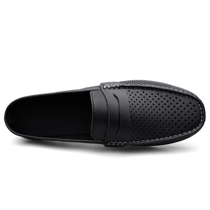Summer Men Breathable Half Shoes Casual Leather Shoes White Black Slip On Loafers Shoes Big Size 46 47 Dropshipping