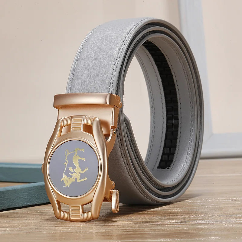 2026 New Width 3.0 Cm Gray Belt Women's Fashion Casual Automatic Buckle Belts Men Cow Head Pattern Cinturon Female Waistband