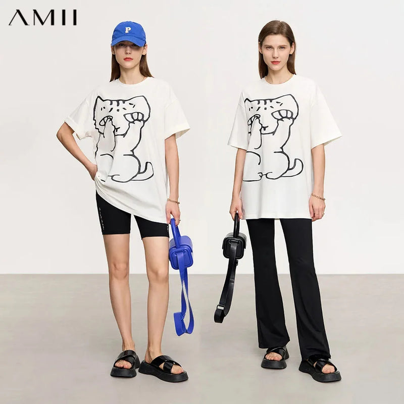 អាវយឺត AMII Minimalism សម្រាប់នារី រដូវក្តៅ ឆ្នាំ២០២៦ ថ្មី ពណ៌ផ្ទុយគ្នា បោះពុម្ពលើអាវយឺតដៃខ្លី រលុង សម្រាប់នារី 12322121