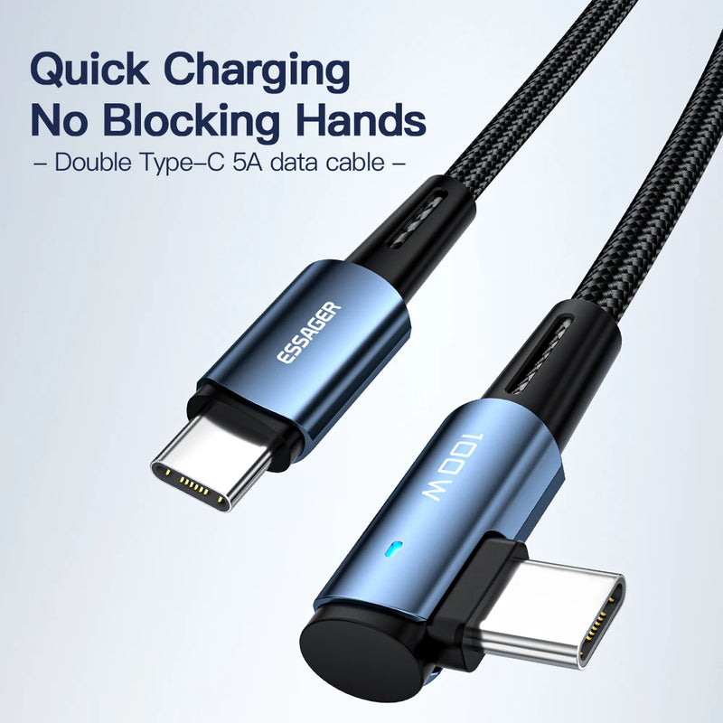 ខ្សែសាក Essager 100W USB Type C ទៅ USB C មុំ 90 ដឺក្រេ សម្រាប់ iPad MacBook Pro Xiaomi Samsung Huawei សាកលឿន Type-C ខ្សែកាលបរិច្ឆេទ
