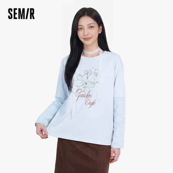 អាវយឺតដៃវែង Semir សម្រាប់នារី ឆ្នូតធំ បោះពុម្ពពីរដុំ ស្មាធ្លាក់ អាវធម្មតា សម្រាប់ពាក់ប្រចាំថ្ងៃ ឆ្នាំ២០២៦