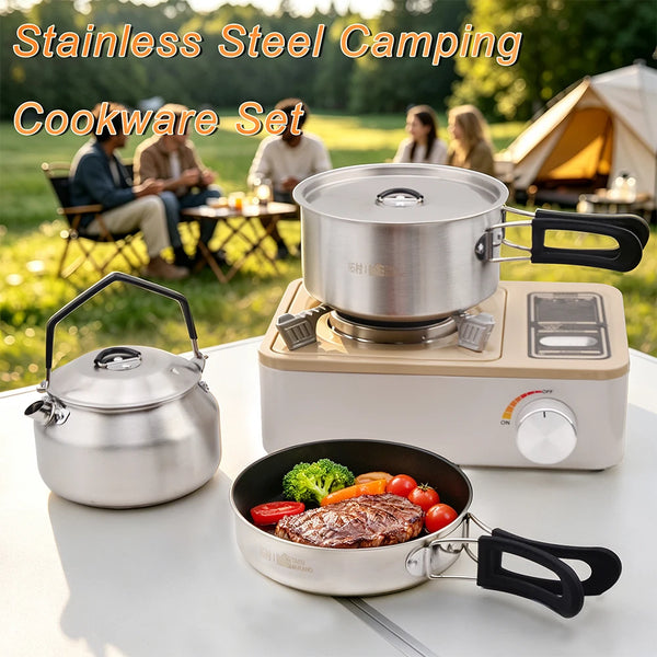 Camping Cookware Set Portable 304 S.S  Cookware Kit Outdoor Pot Cooking Water Kettle Pan Set Tableware Hiking Picnic Equipment