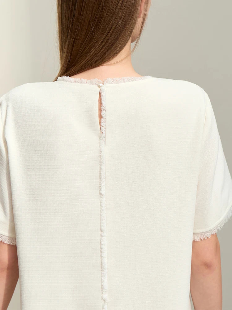 រ៉ូប Amii Minimalism សម្រាប់ស្ត្រីឆ្នាំ ២០២៤ រដូវស្លឹកឈើជ្រុះថ្មីស្រាលប្រណីតរចនាប័ទ្មរំយោលដេរភ្ជាប់ដៃអាវខ្លីត្រង់មីឌីអាវទ្រនាប់ ១២៤៤១១៩៧