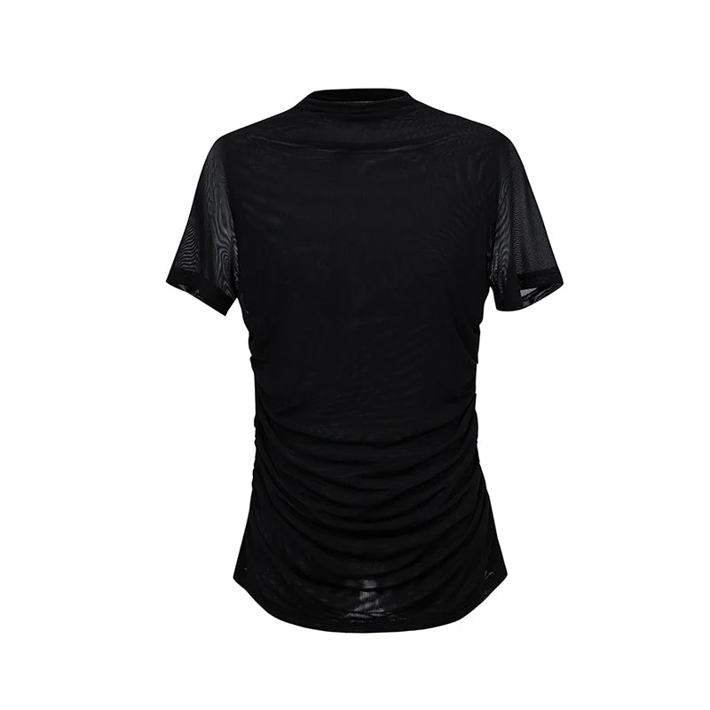 Amii Women's T-Shirt 2026 Summer New Shirred Short Sleeve Women's Tee Shirt Mock Neck Mesh Slim Stretch Lightweight Top 12612027