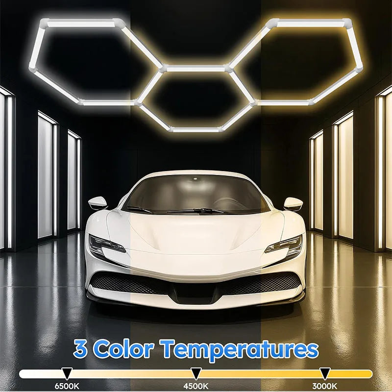 ភ្លើង LED Hexagon សម្រាប់យានដ្ឋាន មានរបៀបពន្លឺ 3 ភ្លើង LED Hexagon សម្រាប់តុបតែងរថយន្ត ហាងកាត់សក់ បន្ទប់ក្រោមដី ហាងកែសម្ផស្ស និងកន្លែងហាត់ប្រាណ
