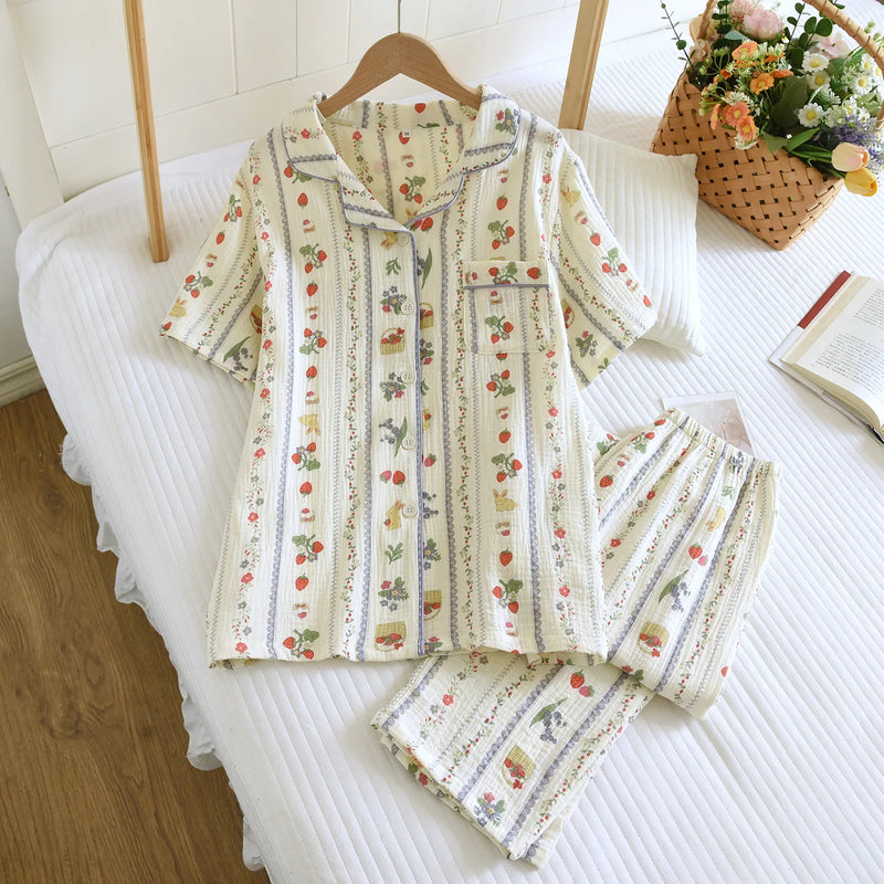 2 Piece Set Summer Pajamas for Woman Nightwear 100% Cotton Short Sleeve Sleepwear Women's Cotton Night Wear For Ladies Home Suit