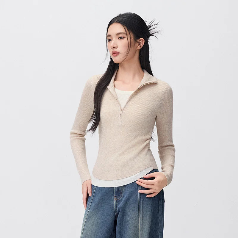 Semir Women Knit Sweater Wool Blend Layered Look Turn Down Collar Half Zip Pleated Detail Slim Fit 2026 New Winter Daily Wear