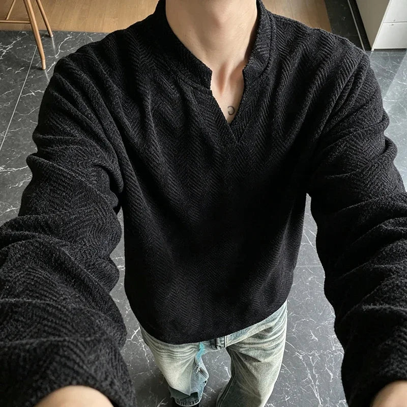 Mens Casual Loose Long Sleeve Top Notched V Neck Herringbone Jacquard Pattern Breathable Fabric Daily Wear