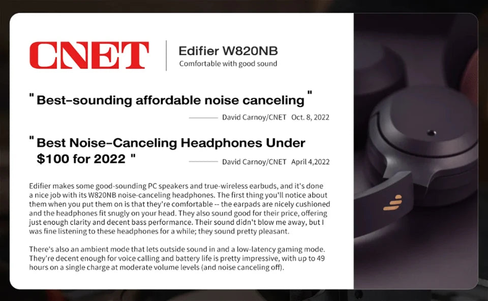 Edifier W820NB Plus Wireless Noise Cancelling Headphones Hi-Res Wireless with LDAC Codec 49hrs of Playtime Bluetooth Headset