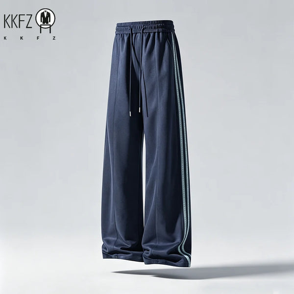 Mens Striped Side Wide Leg Sweatpants Adjustable Drawstring Waist Relax Cut Comfort Outdoor Walking Trousers