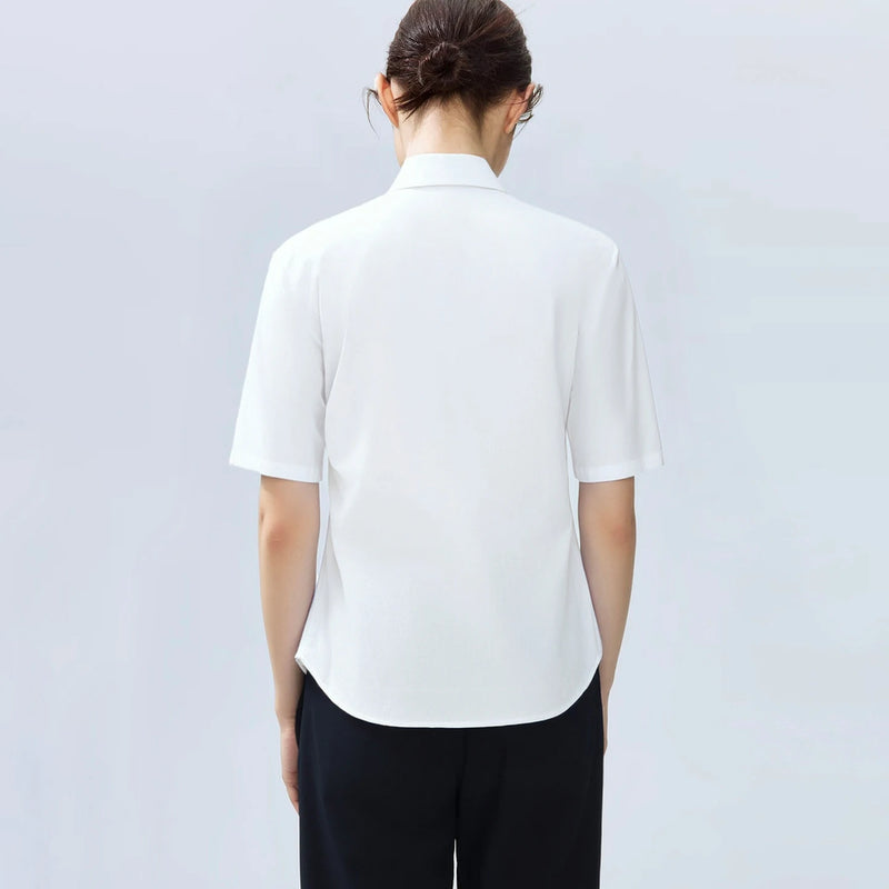 Amii Women's Shirt 2026 Summer New Lapel Collar Half Sleeve Cotton Blouse Fitted Waist Shirred Simple Solid Office Top 12622215