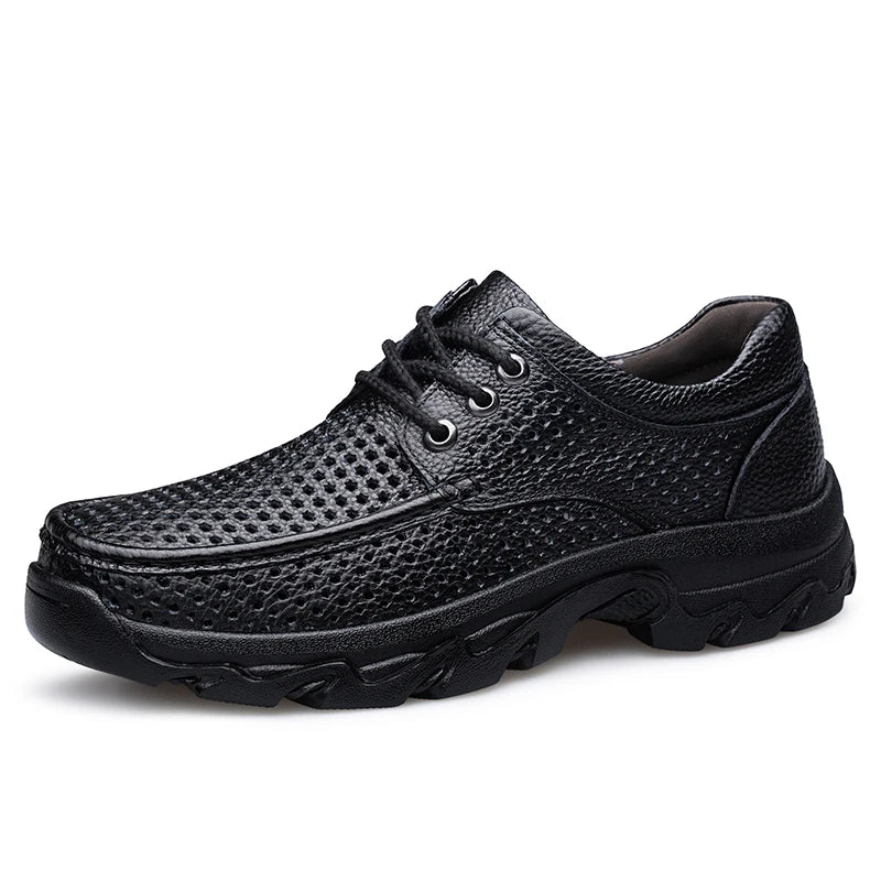 Men Hollow Genuine Leather Shoes Sturdy Thick Hard Rubber Outsole Breathable Work Shoes Non‑Slip Outdoor Walking Plus Size