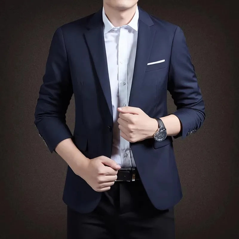 Men's Red Suit Jacket in Asian Sizes; Slim-fit Blazer for Weddings, Parties, and the Office; Available in Blue, Black, Gray.