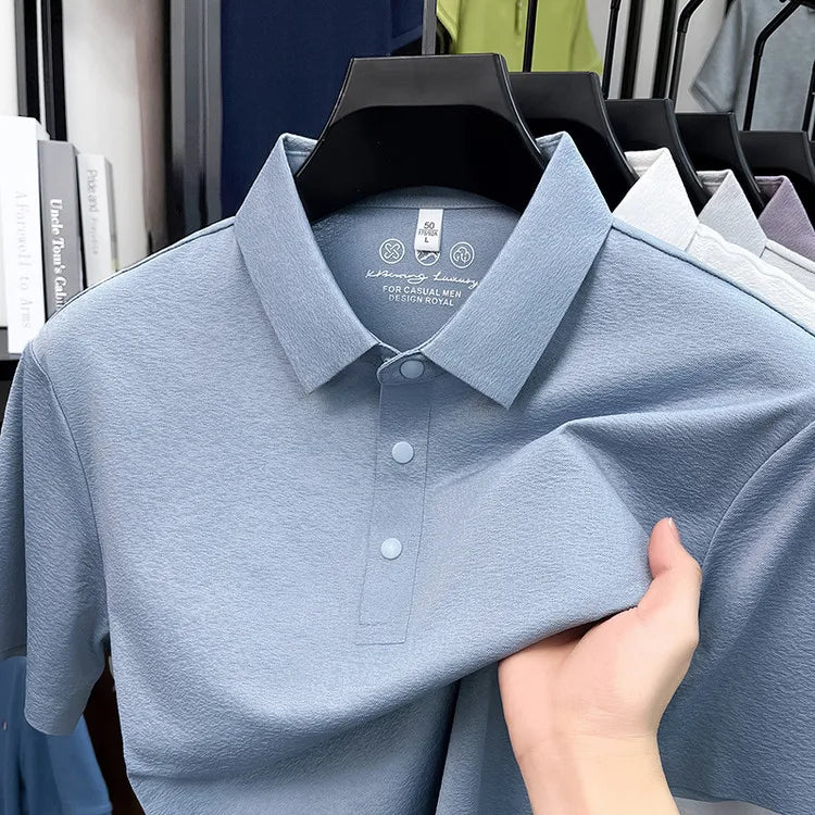 Men's Textured Polo Shirt Short Sleeve – Stretchy Blend, Soft Breathable, Multi-Color, Business Casual Summer Top