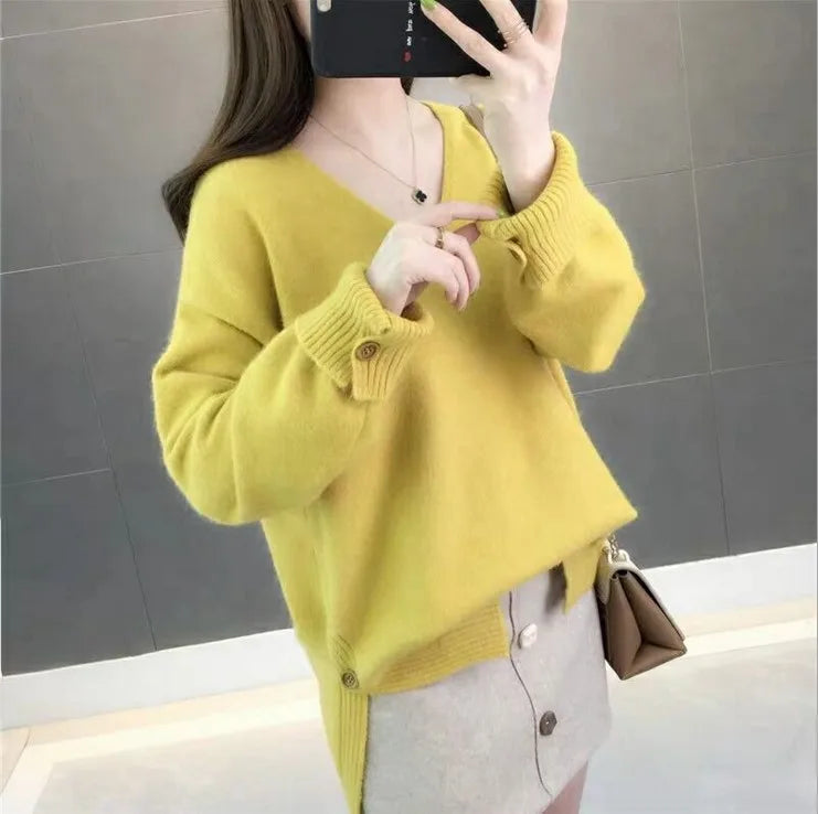 Oversized Autumn Winter Korean Women's Sweater Loose Knitted Jumper V Neck Long Sleeve Top Female Thick Warm Pullover Knitwear