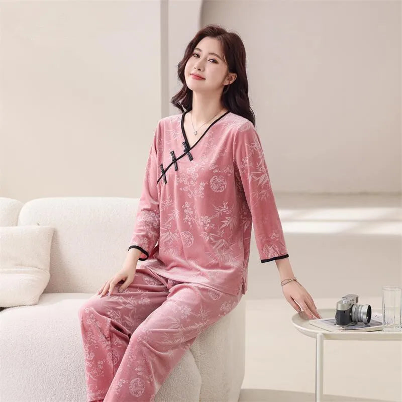 XL-6XL Plus Size Sleepwear For Sleeping Set New Gold Velvet Women's Pajamas Spring Autumn Printed Home Clothes Lounge Pijama