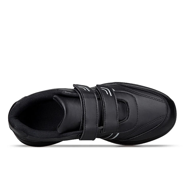 Men's Adjustable Hook And Loop Leather Sneakers Pure Black Casual Sports Shoes Big Size 47 48 Elderly Walking Shoes