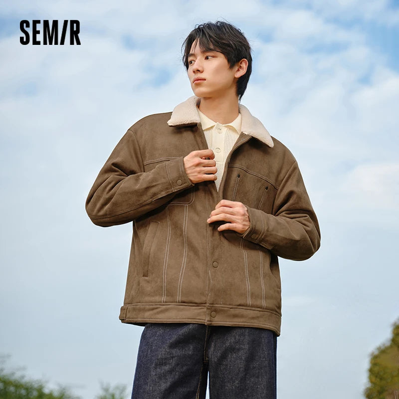 Semir Faux Suede Jacket Collar Fleece Lined Men 2025 Winter Vintage Style Workwear Loose Fit Warm Casual Outerwear Coat