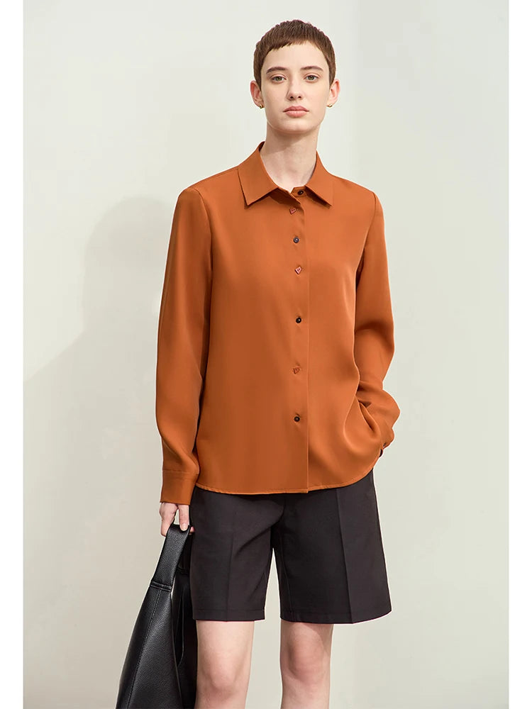 អាវ Amii Minimalism សម្រាប់ស្ត្រី 2026 រដូវស្លឹកឈើជ្រុះថ្មីសាមញ្ញ Lapel ពណ៌ផ្ទុយប៊ូតុង Basic ត្រង់ Chiffon អាវ Blouse 12423108