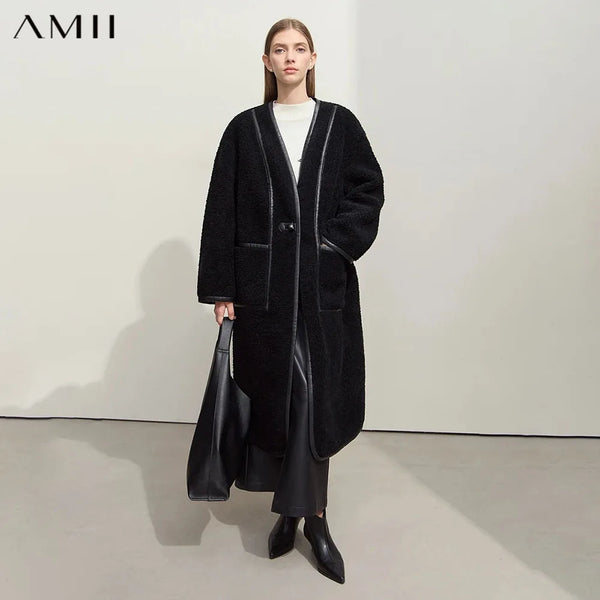 AMII Long Fur Coat 2026 Winter New V-neck All-wool Thick Warm Outerwears Leather Buckle Pocket Casual Loose Women's Top 12444137