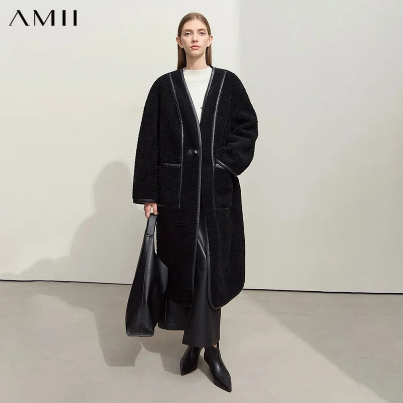 AMII Long Fur Coat 2026 Winter New V-neck All-wool Thick Warm Outerwears Leather Buckle Pocket Casual Loose Women's Top 12444137