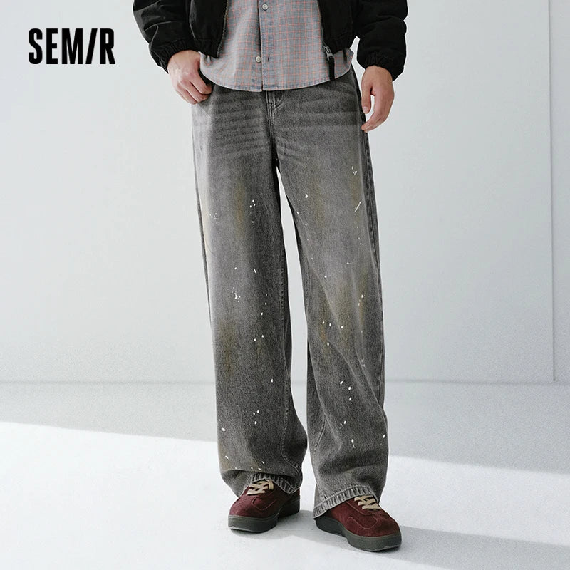 Semir Men Jeans 2026 Spring New Vintage Washed Distressed Wide Leg Arc Shape Splash Ink Retro Style Pants