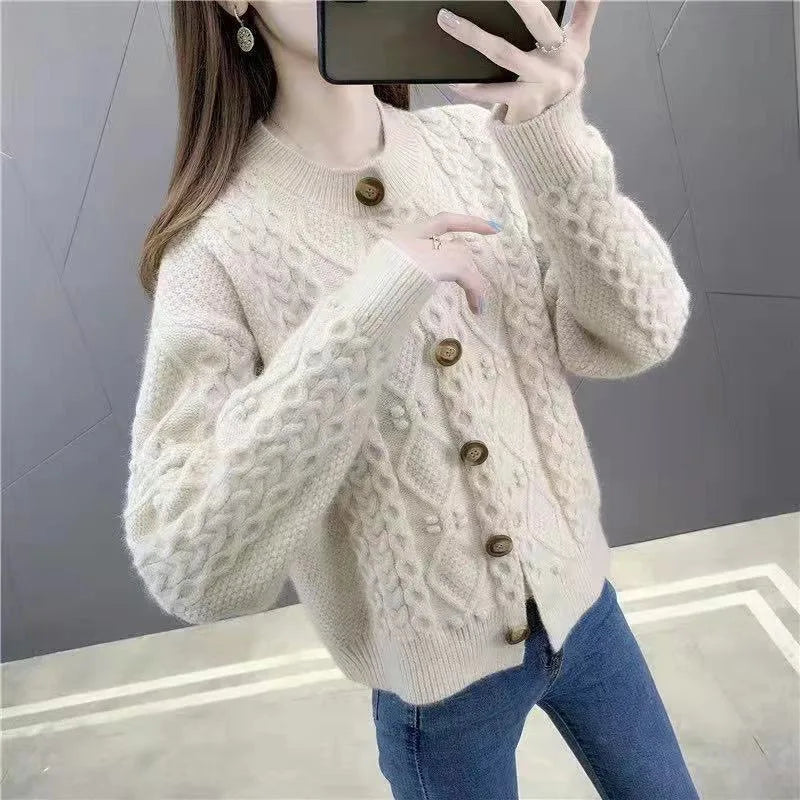 New Solid Color Twist Knitted Cardigan Women's Spring Autumn Short Ladies Sweater Coat Korean Elegant Long Sleeve Tops