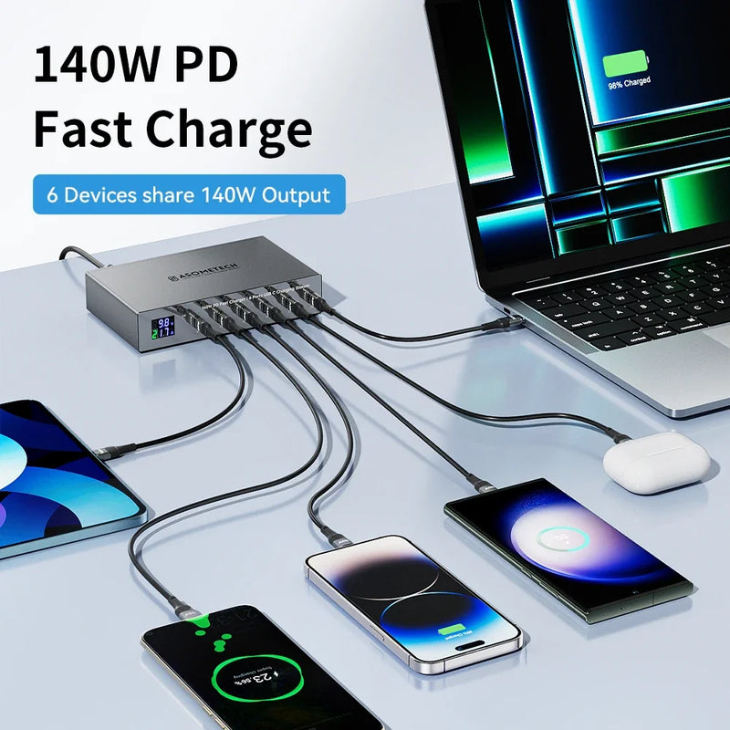 ស្ថានីយសាកថ្មលឿន 140W 6 រន្ធ PD ស្ថានីយសាកថ្មលឿន 30W Multi USB-C ជាមួយអេក្រង់ LED សម្រាប់ iPhone 14 13 Pro Max Samsung Xiaomi iPad