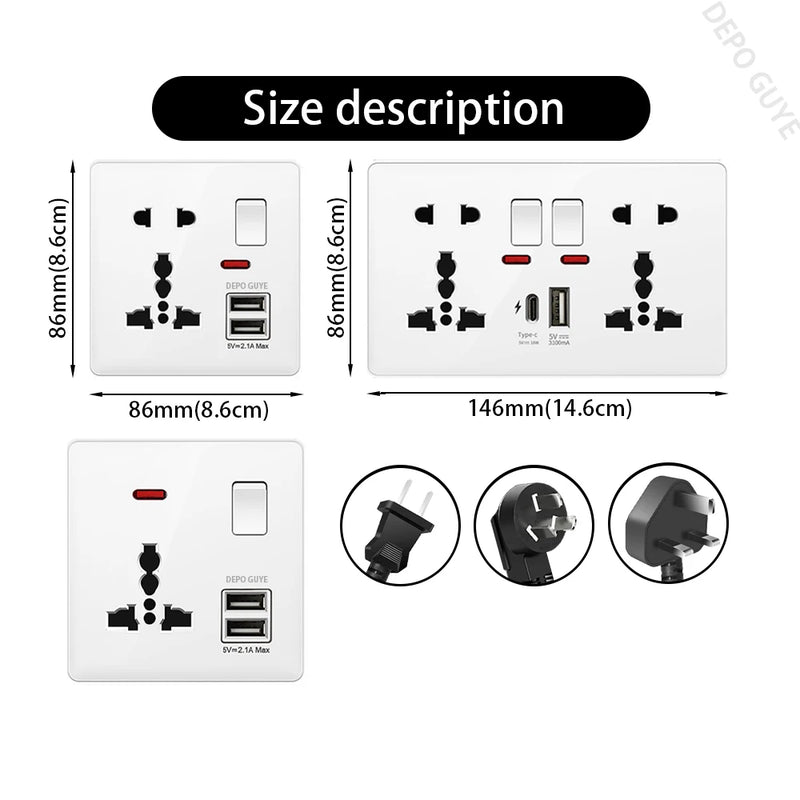 White UK Standard 13A USB Wall Socket Panel,Universal 18W Type-c Quick Charge Socket Plug,Wall Light Switch Electrical outlet