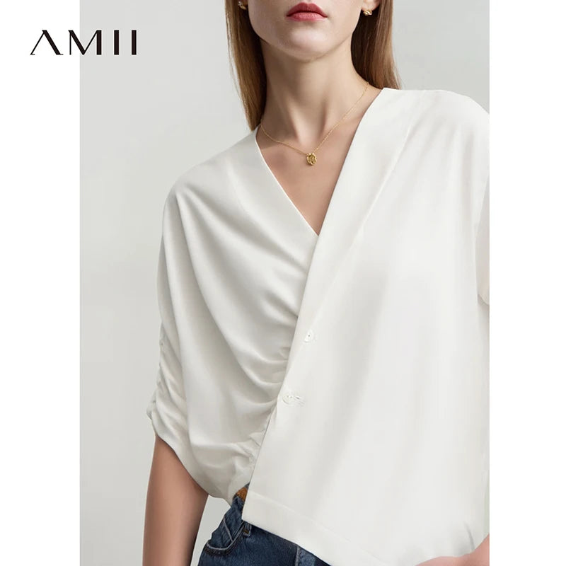 អាវស្រី Amii រដូវក្តៅឆ្នាំ ២០២៦ អាវក V ថ្មីដៃអាវមិនស្មើគ្នា រាងផ្នត់ សមល្មមសម្រាប់ការិយាល័យ អាវធម្មតាសម្រាប់ស្ត្រី 12622117