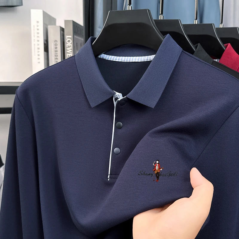 100%Cotton Man Long Sleeved Polo Shirt Lapel Button Exquisite Letter Embroidery Autumn Winter New Business Casual Men's Clothing