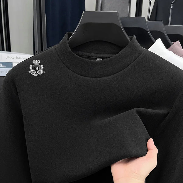 Luxury Man Long-Sleeved T-Shirt Mock Neck Letter Pattern Embroidery Dralon Fabric Autumn Winter New Tops Casual Men's Clothing