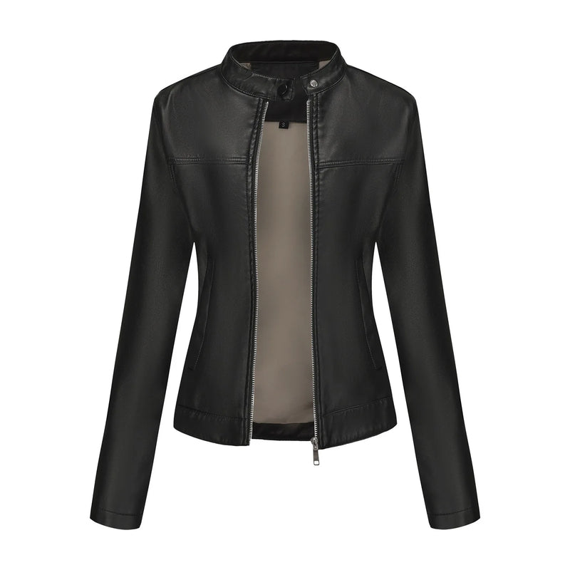 2026 New Women's Black Fitted Leather Jacket with Front Zipper & Side Pockets‌, Available in Brown, Navy Blue, and Beige.