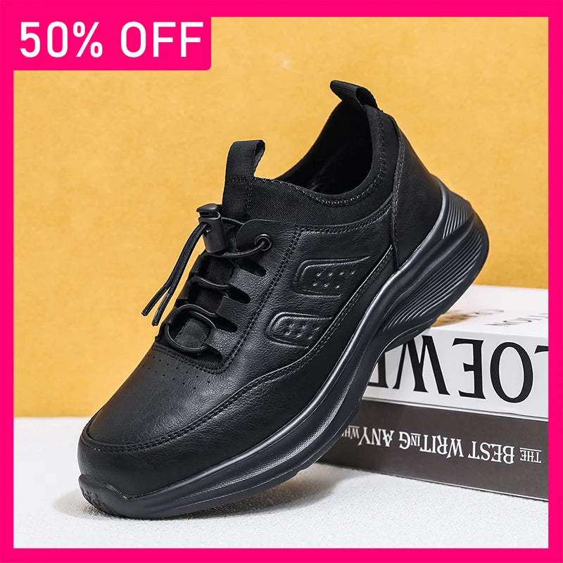 Men Sneakers Fashion Lace Up Wear-resistant High-quality Leather Sneakers Spring Thick Soled Non Slip Casual Shoes Large Size