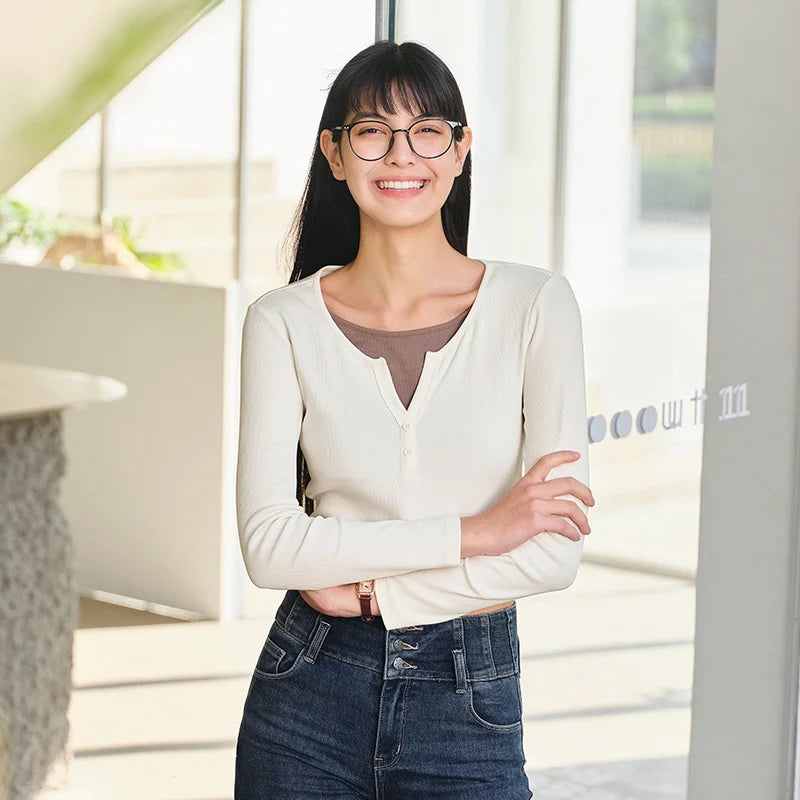 Semir Women Tshirt Cropped Mock Layer Colorblock Slim Fit Long Sleeve 2026 Shoulder Fit Knitted Urban Casual Everyday Top