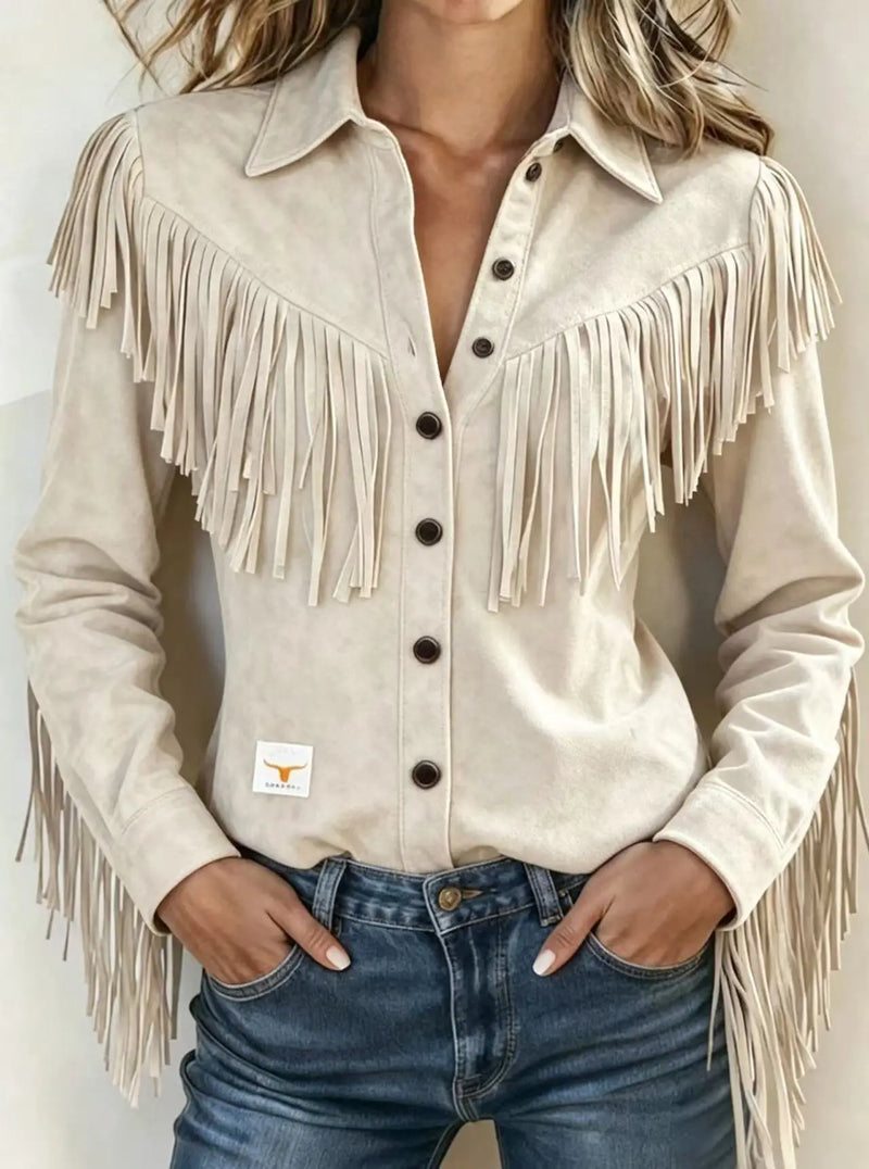 Women's Brown Long-sleeve Collared Shirt with A Slight Stretch, Made of Corduroy Fabric; Available in White or Gray.