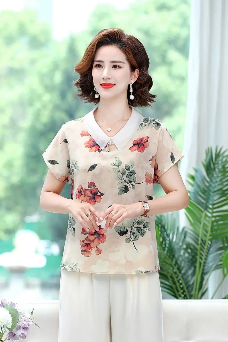 អាវ យឺត ដៃខ្លី បែប កូរ៉េ សម្រាប់ នារី បោះពុម្ព បូ អង្កាំ ឆើតឆាយ ធម្មតា រលុង អាវ Blusa Mujer រដូវក្ដៅ