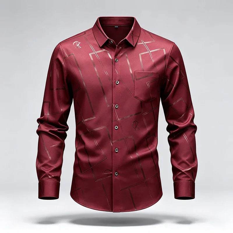 Mens Slim Long Sleeve Dress Shirt Soft Silky Fabric Classic Turn Collar Button Placket Daily Working Casual Outfit