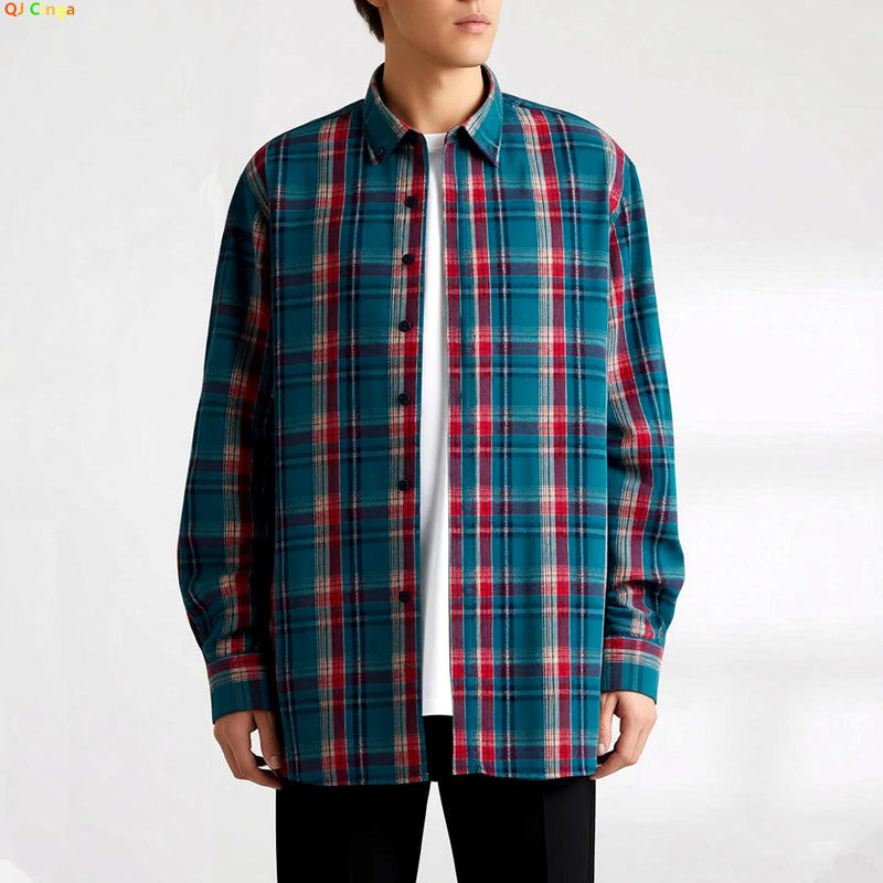 Men's Long-sleeve Shirt for Spring and Fall; Cotton-polyester Blend, Single-breasted, Notched-collar Striped Shirts.