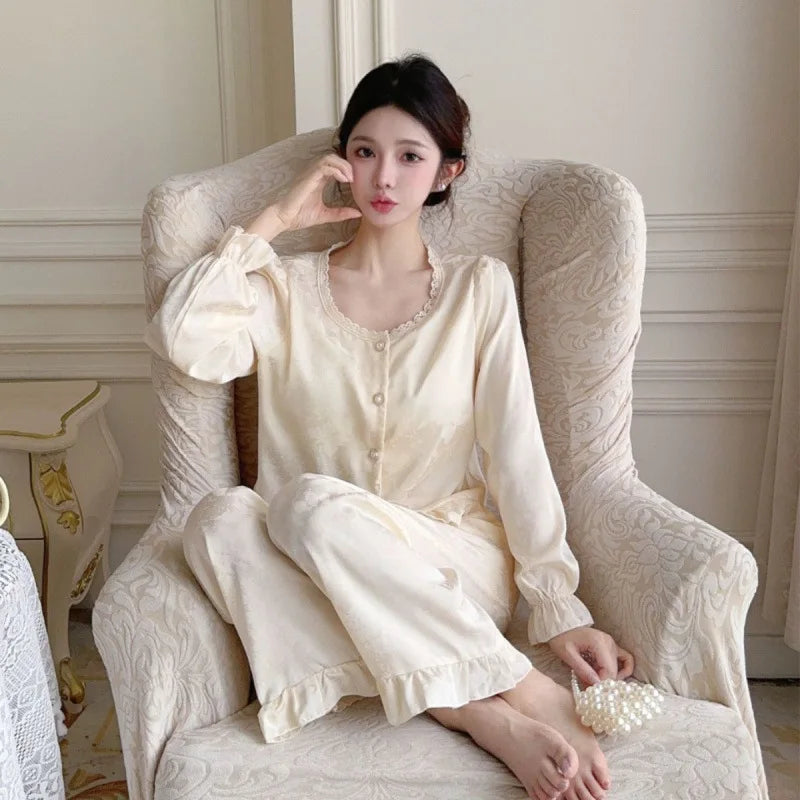 Ice Silk New Autumn Sleepwear Woman Nightwear Hot-selling Loungewear Printed Long Sleeve Pajamas Set Two-piece Home Wear Pijama