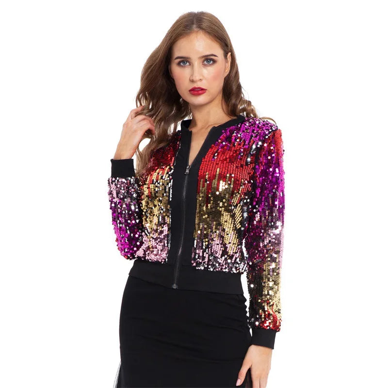 2026 New Women's Red-Purple Long-Sleeve Jacket, Round Sequin Embellishment Coat, Stage/Party Performance Top.