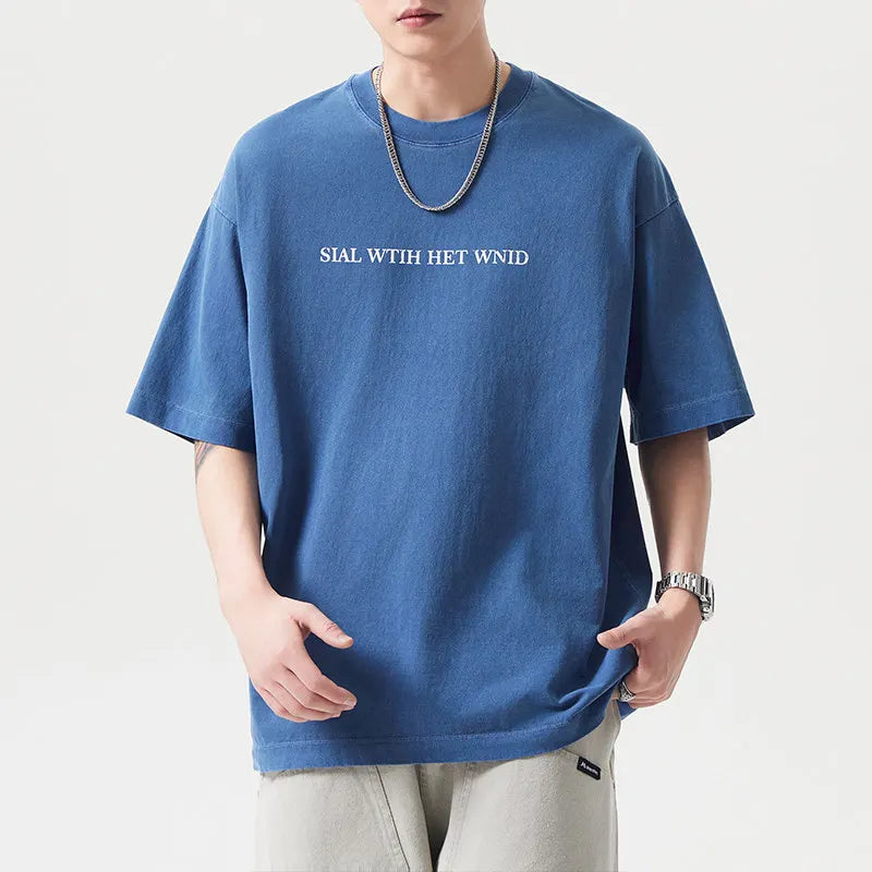 DUKEEN Men's 260g Heavyweight Cotton T Shirt Vintage Print Short Sleeve Summer Streetwear Washed Crew Neck Casual Tee Top