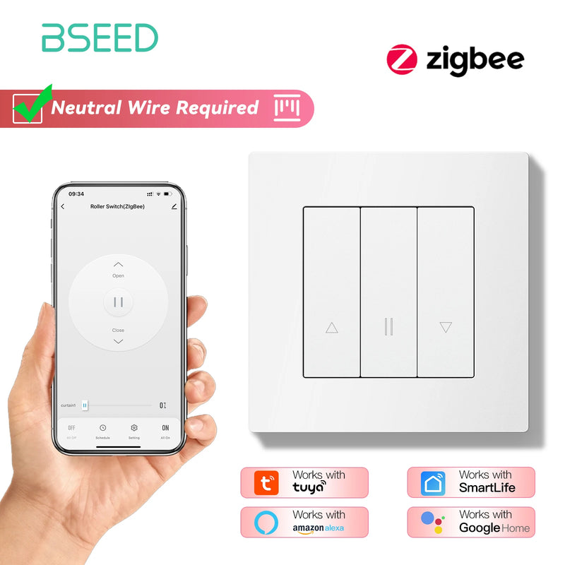 BSEED E Series Zigbee Shutter Switch Smart Click Button Switch for Blinds Plastic Frame Support Tuya Smart Life Alexa Control