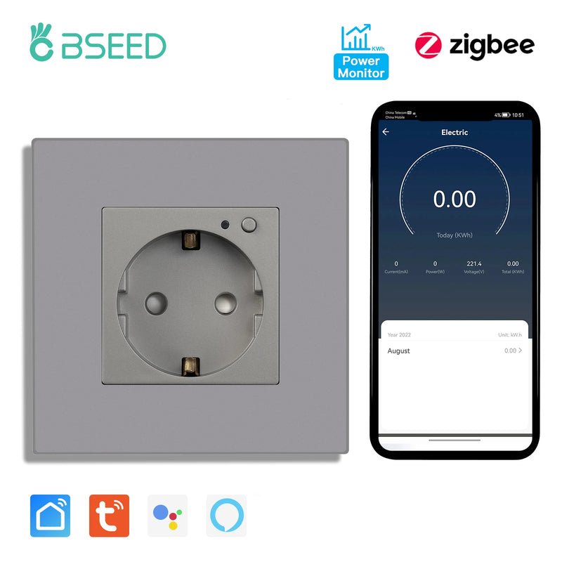 BSEED EU Standard Zigbee Wall Socket Smart Power Monitor Socket 220V 16A Plastic Panel Tuya Alexa Google Smart Life Control