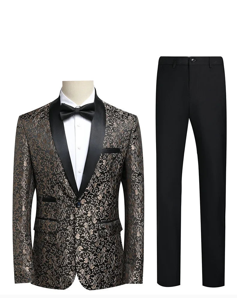2027 New Men's Two-Piece Suit Set: Jacquard Jacket Paired with Black Pants, Perfect for Weddings, Parties, Stage Performances.