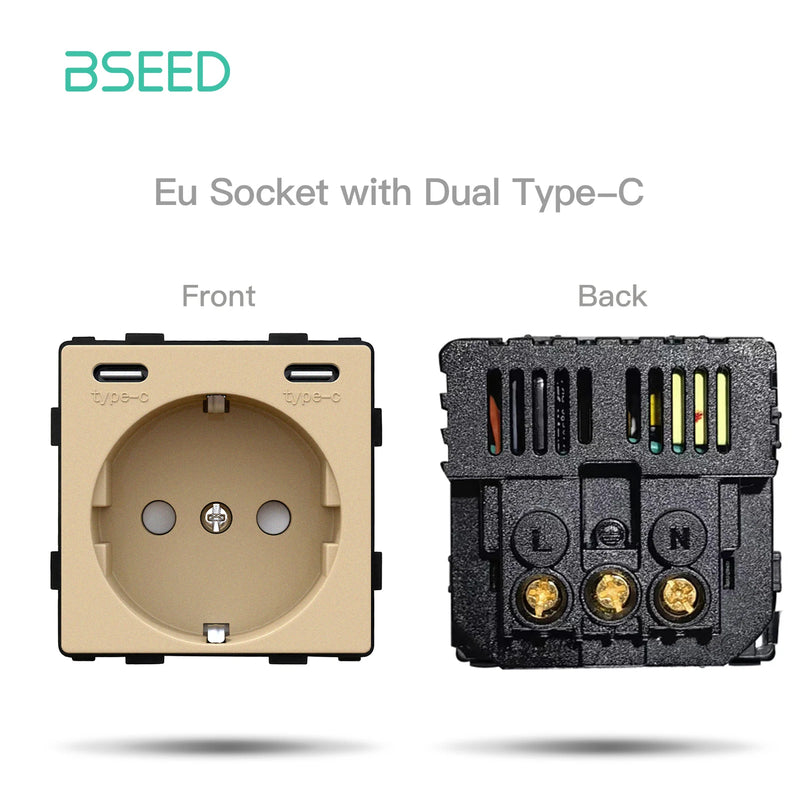 BSEED DIY Modules EU Plastic Panel Gold Double USB Socket Internet CAT5 RJ45 ST TV Power Socket Wall-Mounted Free Combination