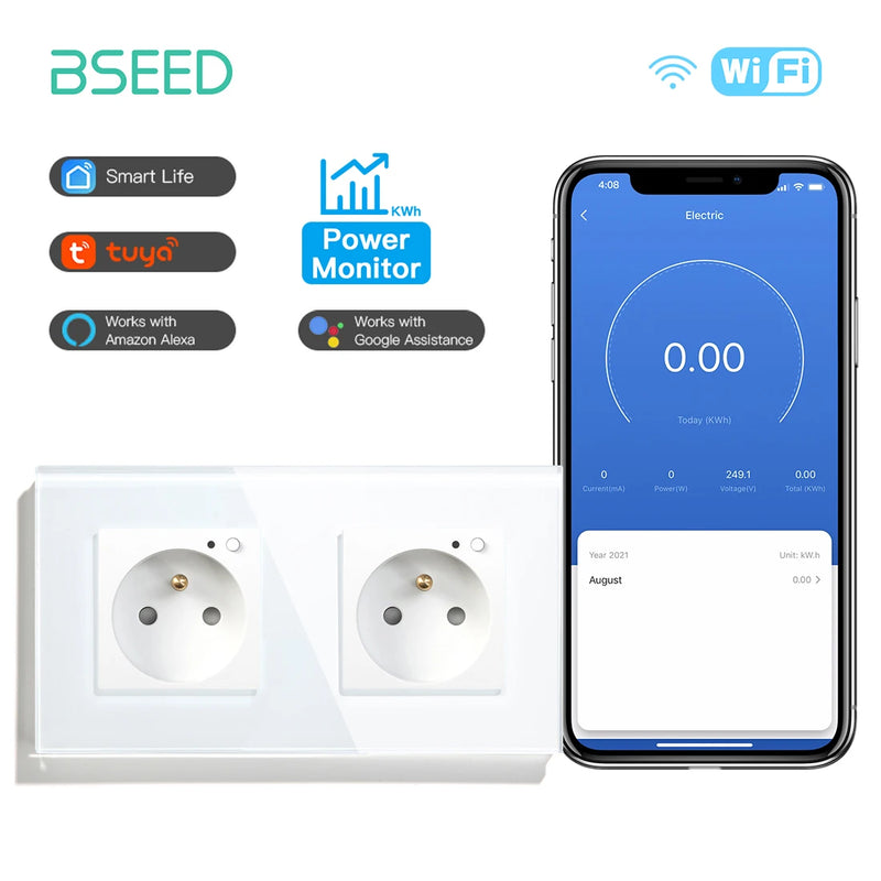 BSEED French Standard Electrical Wifi Smart Socket French Type Power Monitor Timing Function Tuya Alexa Wireless Control 16A